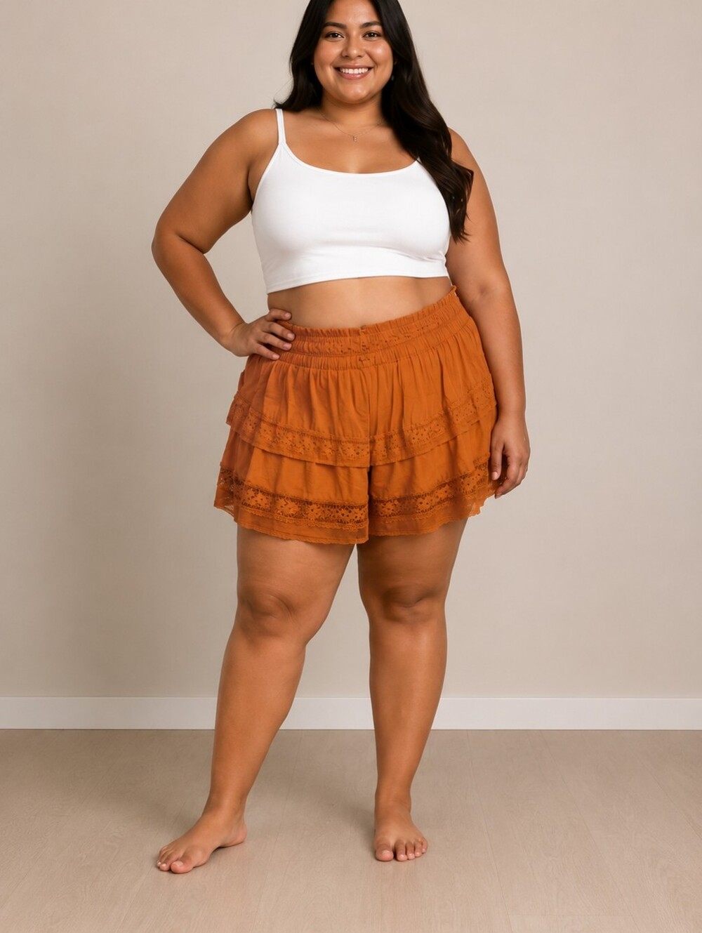 Rust Orange Cotton Lace Trim Boho Skort Women's Size M